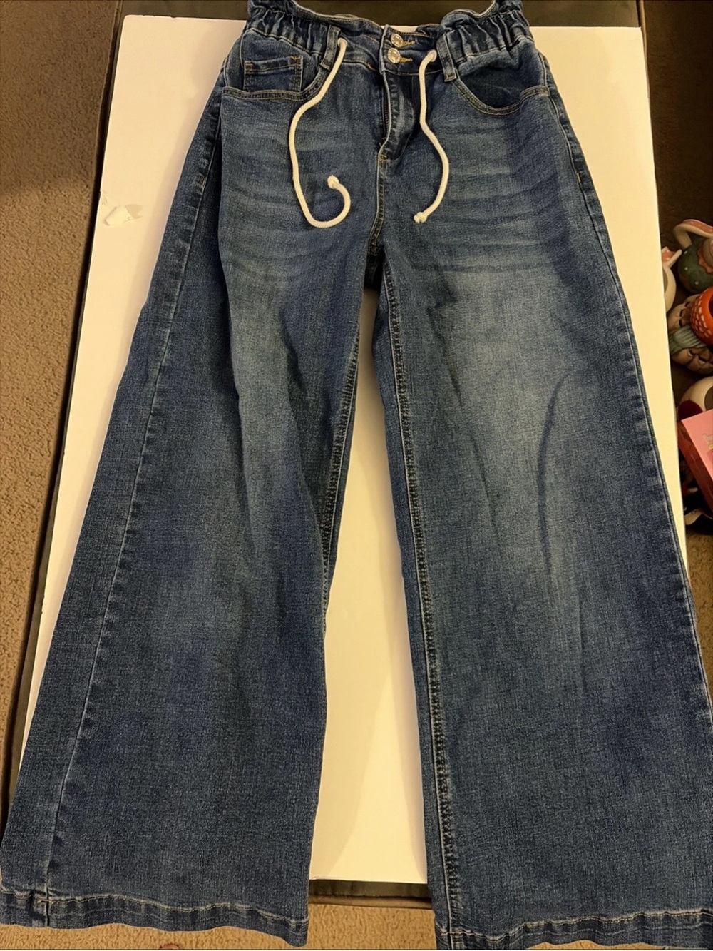 Wide-Leg Drawstring Jeans - Blue medium women’s draw string denim